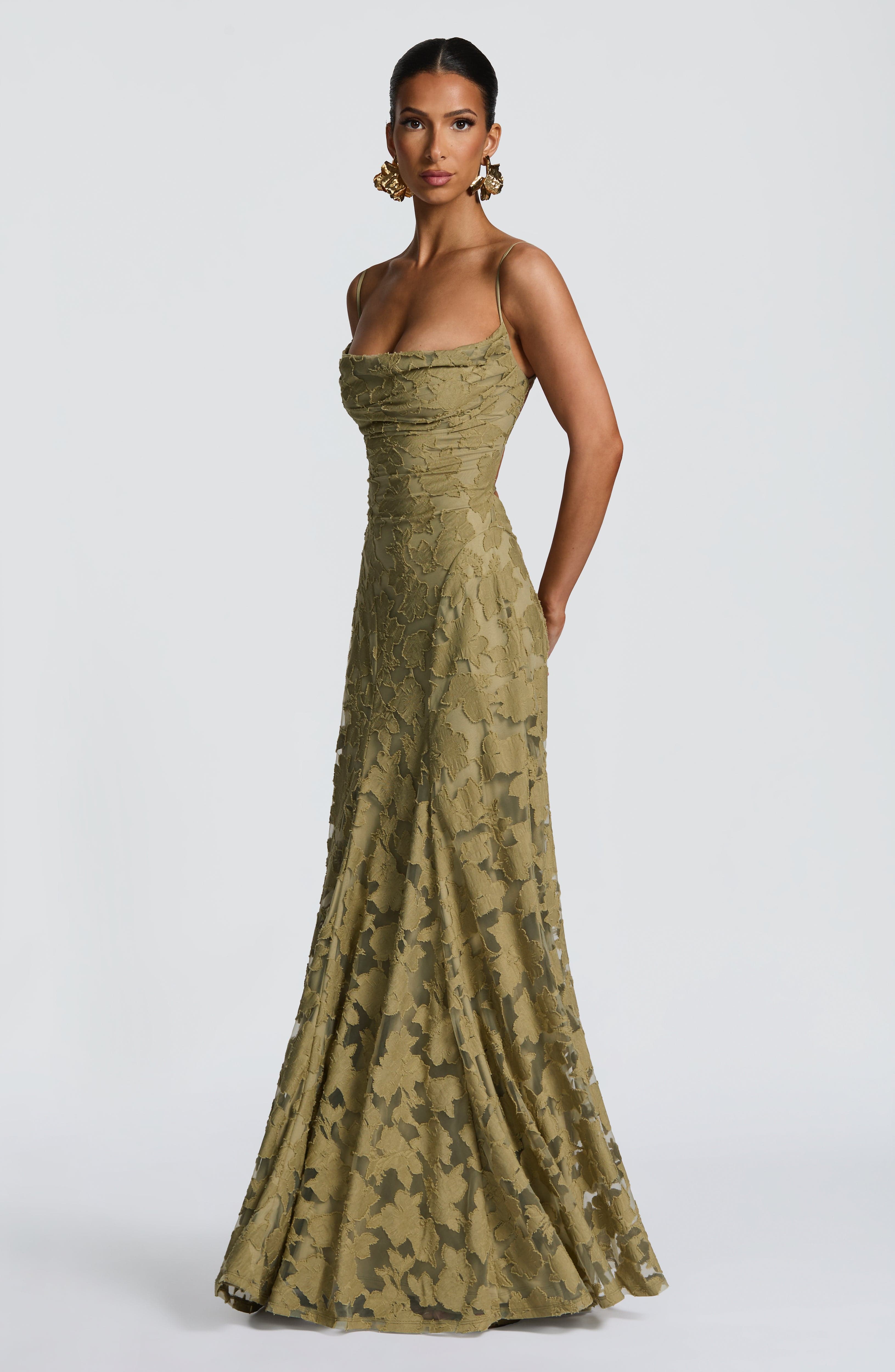 Women's floral appliqué cowl-neck maxi wedding guest dress
