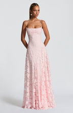 Women's floral appliqué cowl-neck maxi wedding guest dress
