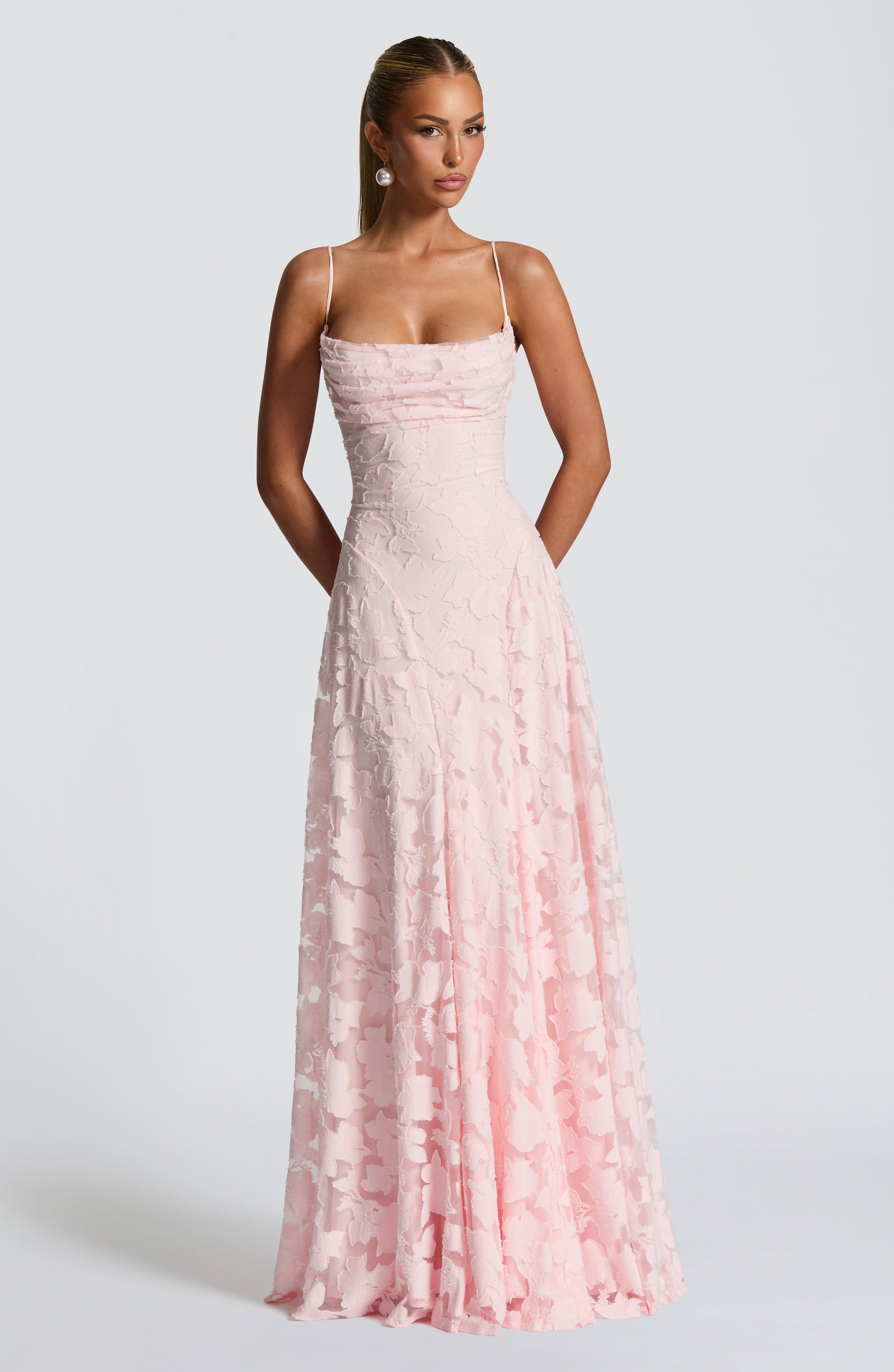 Women's floral appliqué cowl-neck maxi wedding guest dress