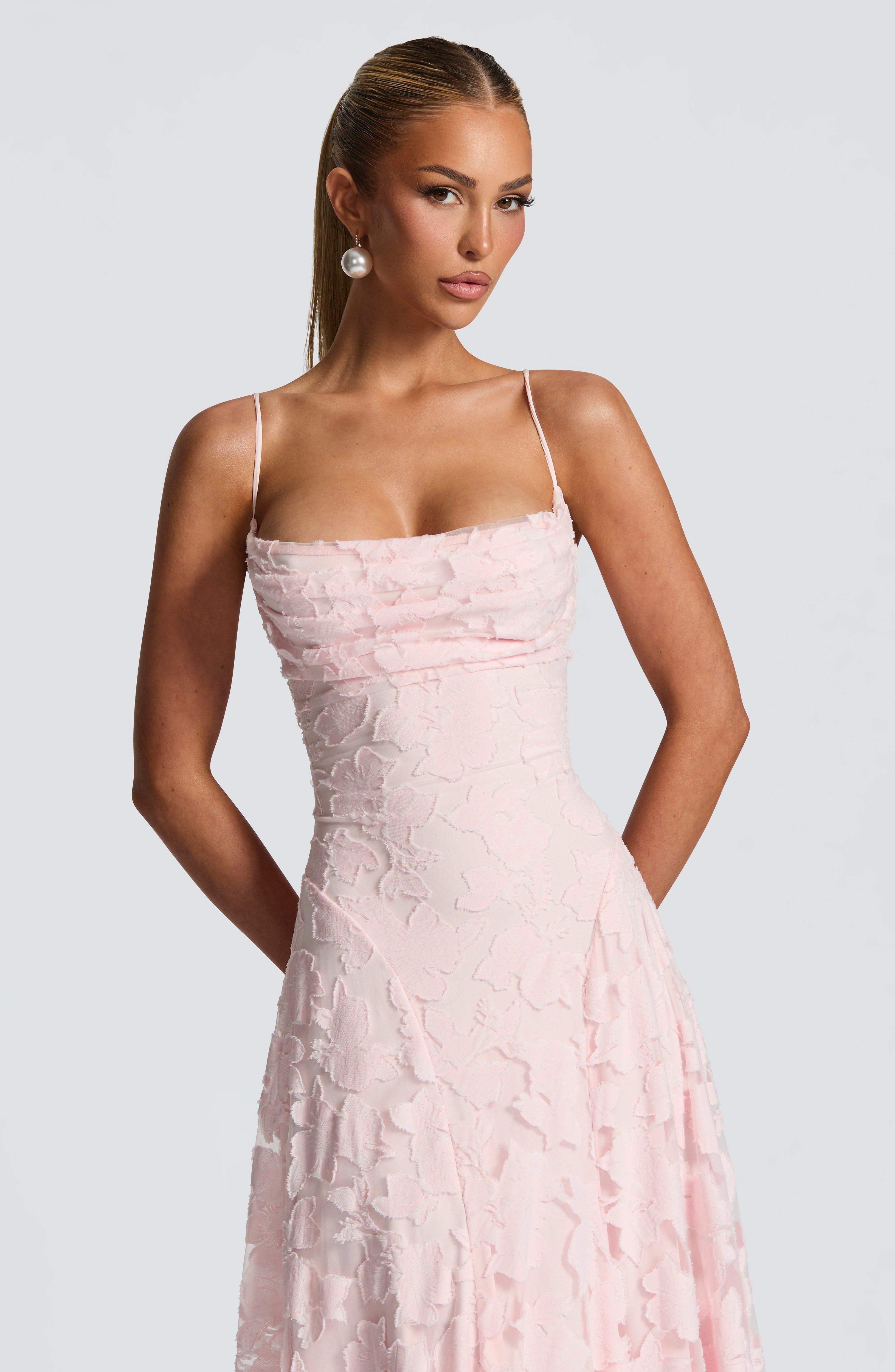Women's floral appliqué cowl-neck maxi wedding guest dress