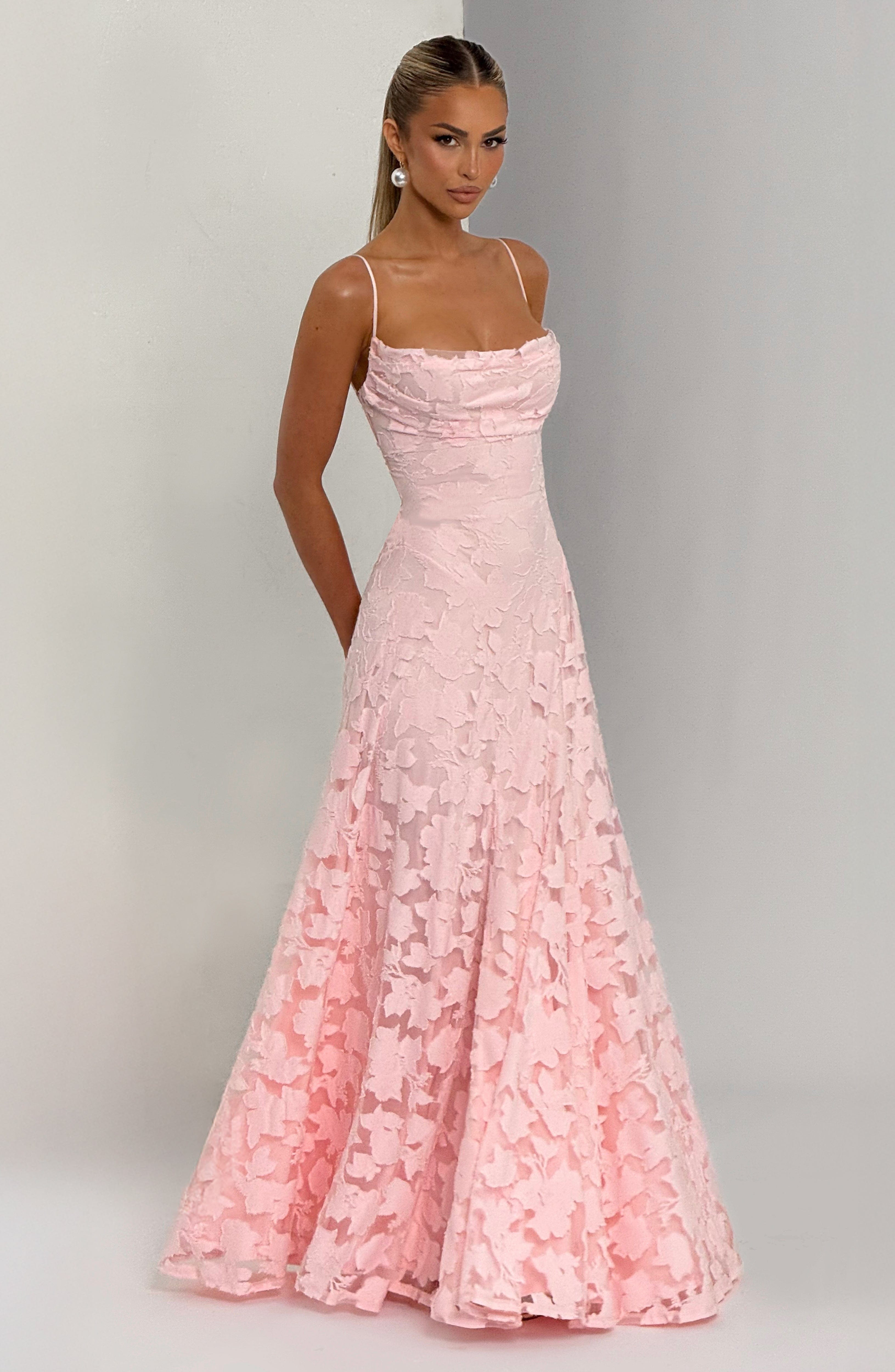 Women's floral appliqué cowl-neck maxi wedding guest dress