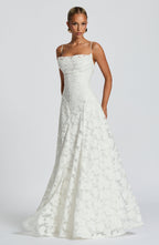 Women's floral appliqué cowl-neck maxi wedding guest dress