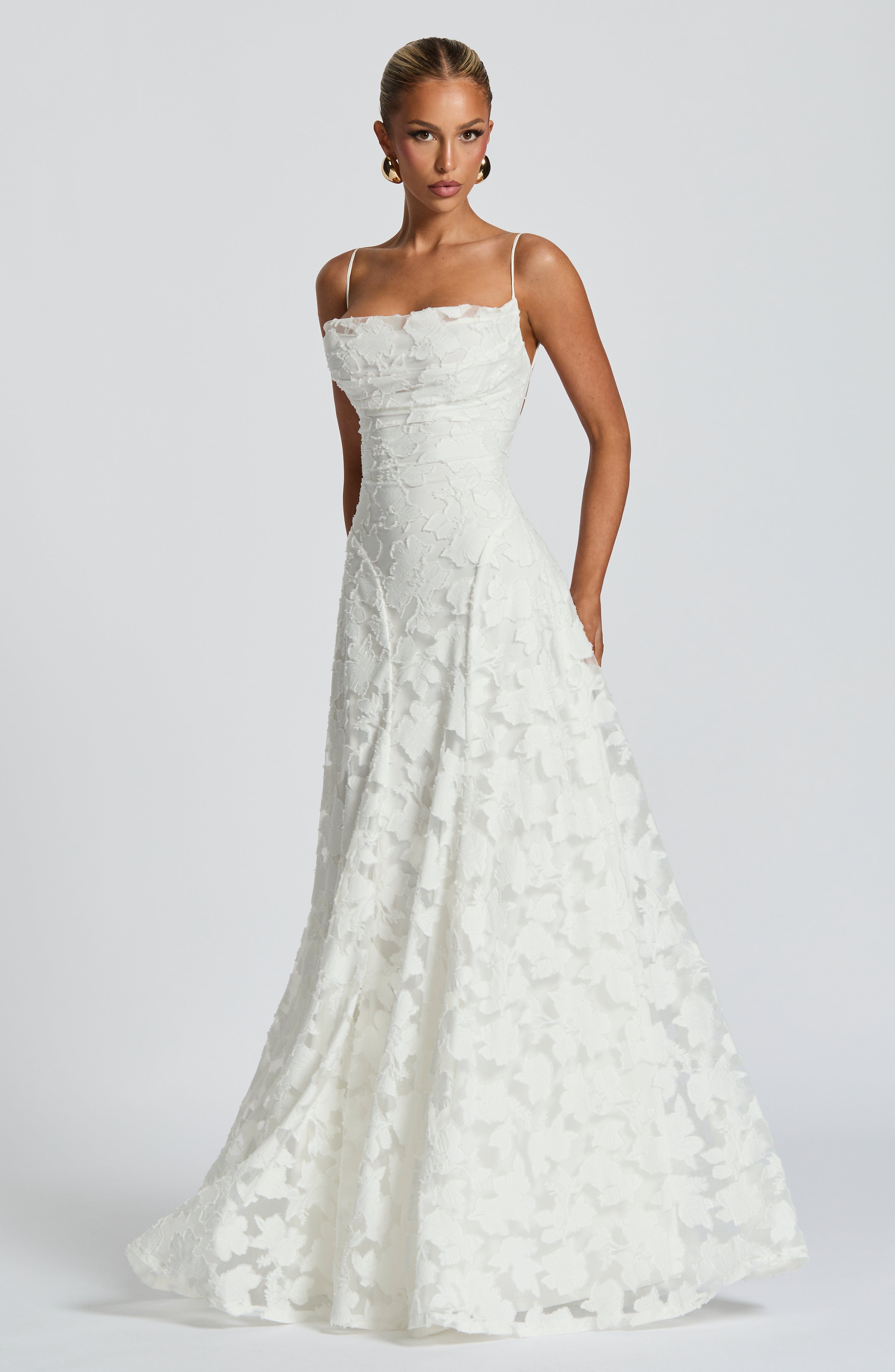 Women's floral appliqué cowl-neck maxi wedding guest dress
