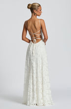 Women's floral appliqué cowl-neck maxi wedding guest dress