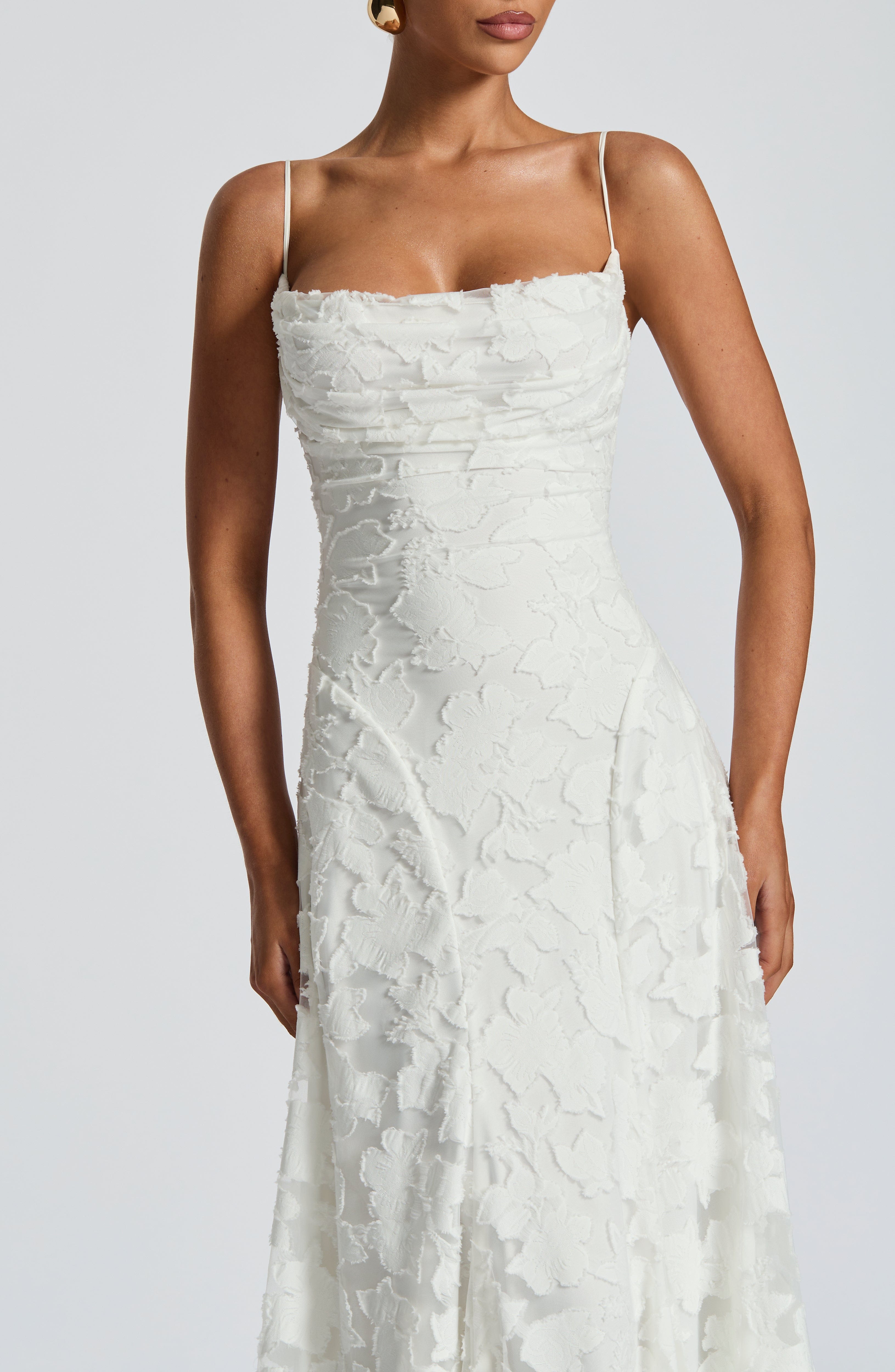 Women's floral appliqué cowl-neck maxi wedding guest dress