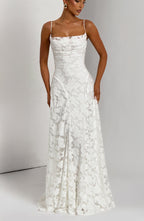 Women's floral appliqué cowl-neck maxi wedding guest dress