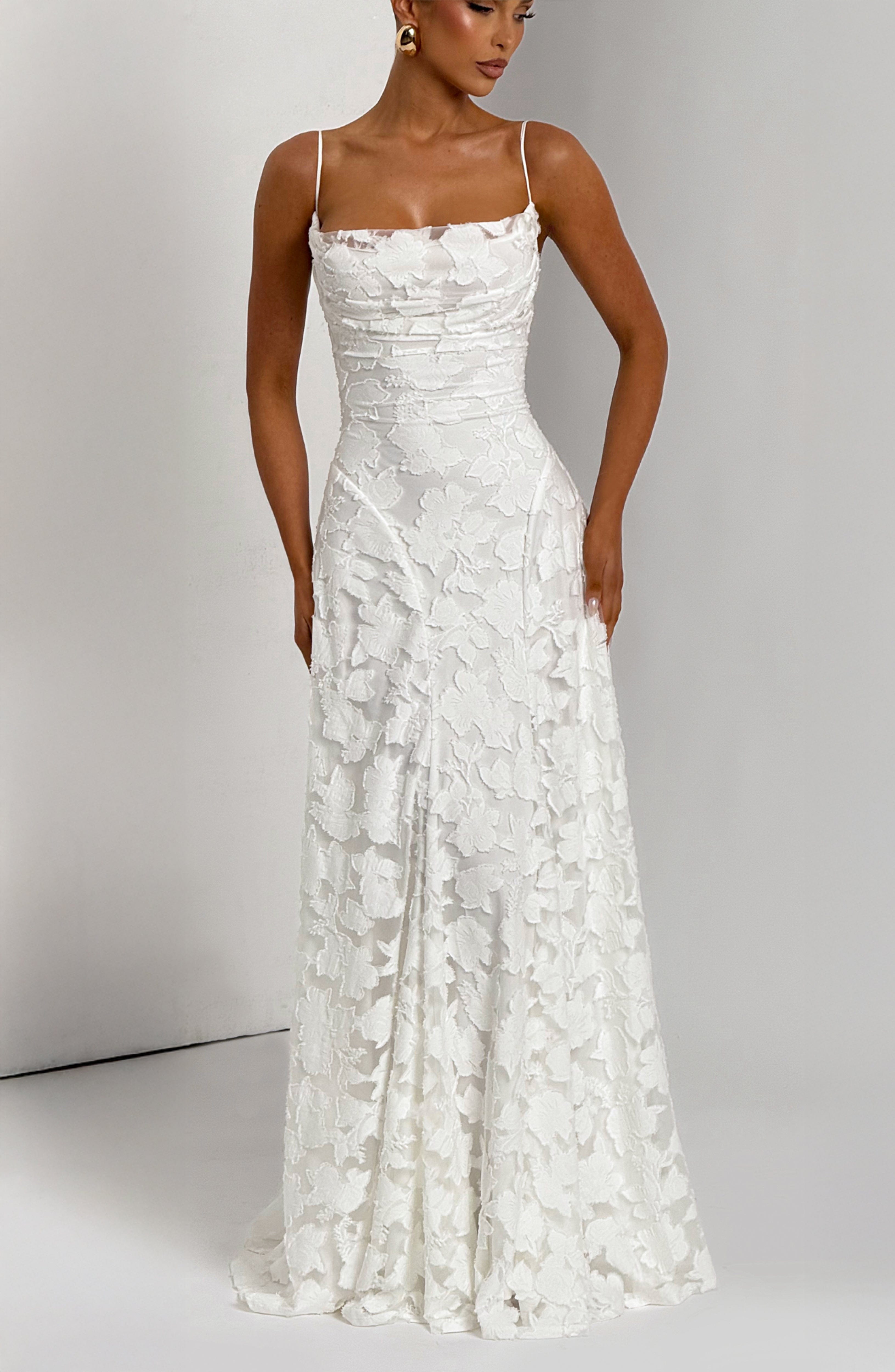 Women's floral appliqué cowl-neck maxi wedding guest dress