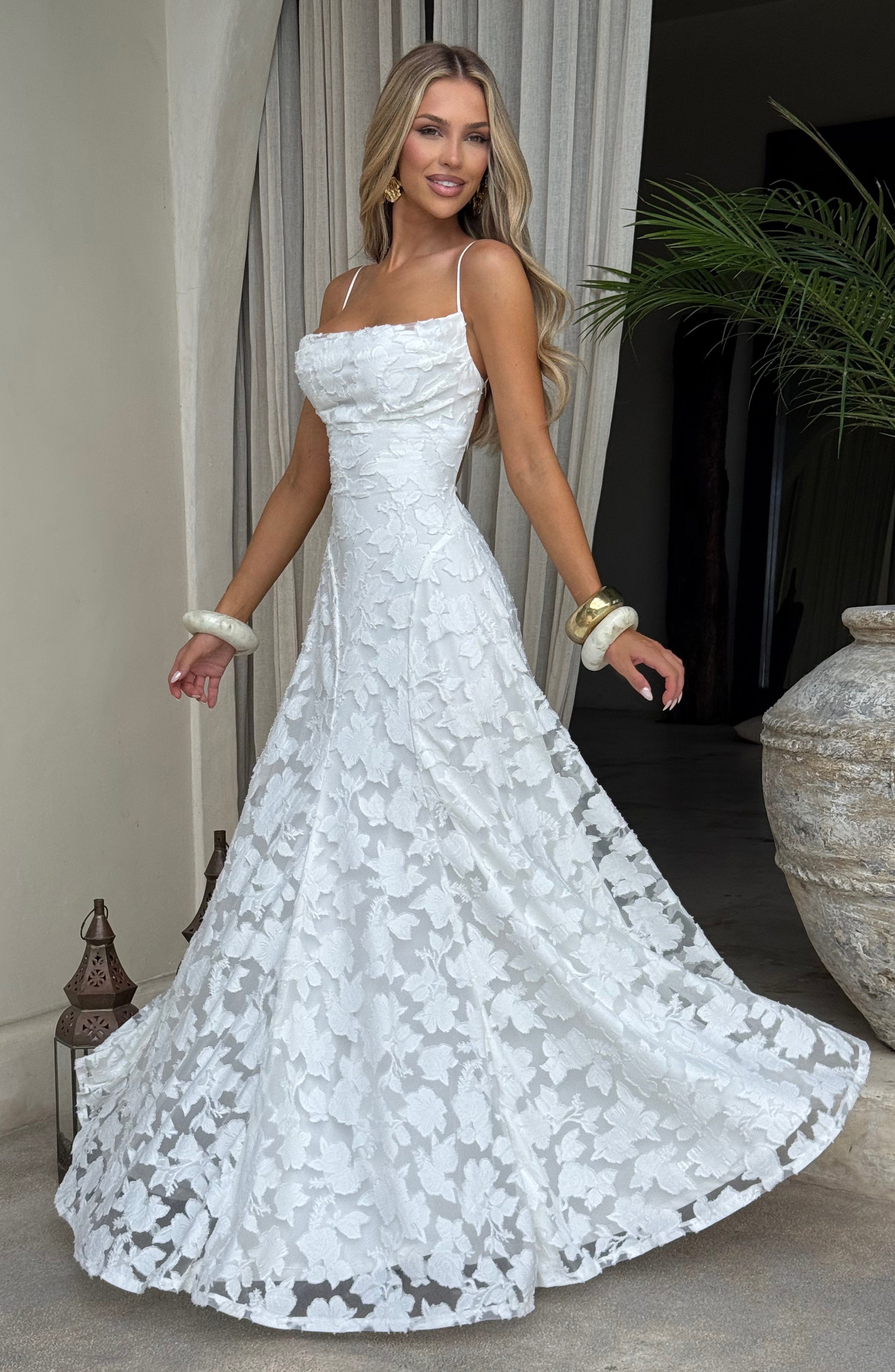 Women's floral appliqué cowl-neck maxi wedding guest dress