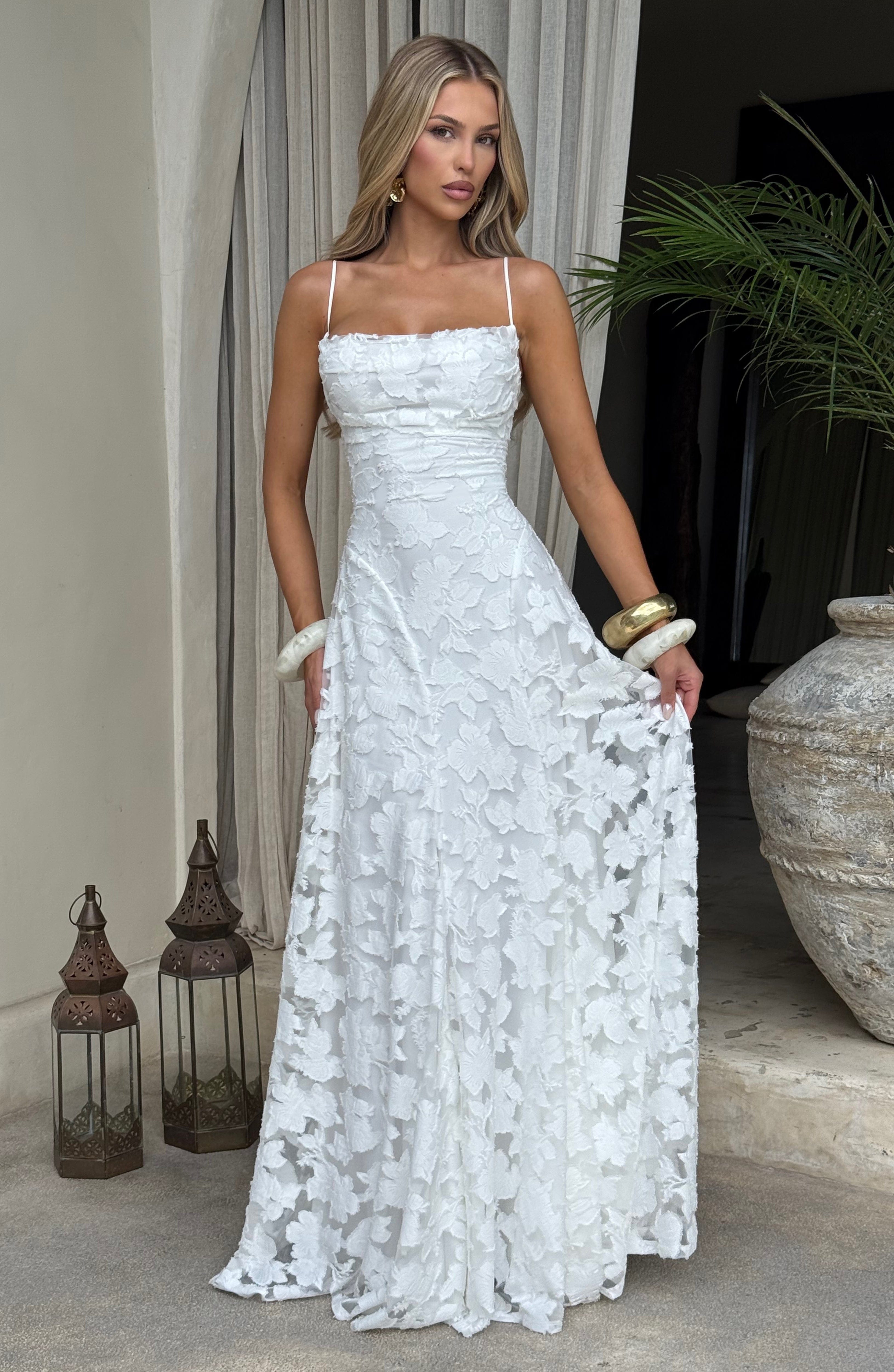 Women's floral appliqué cowl-neck maxi wedding guest dress