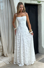 Women's floral appliqué cowl-neck maxi wedding guest dress