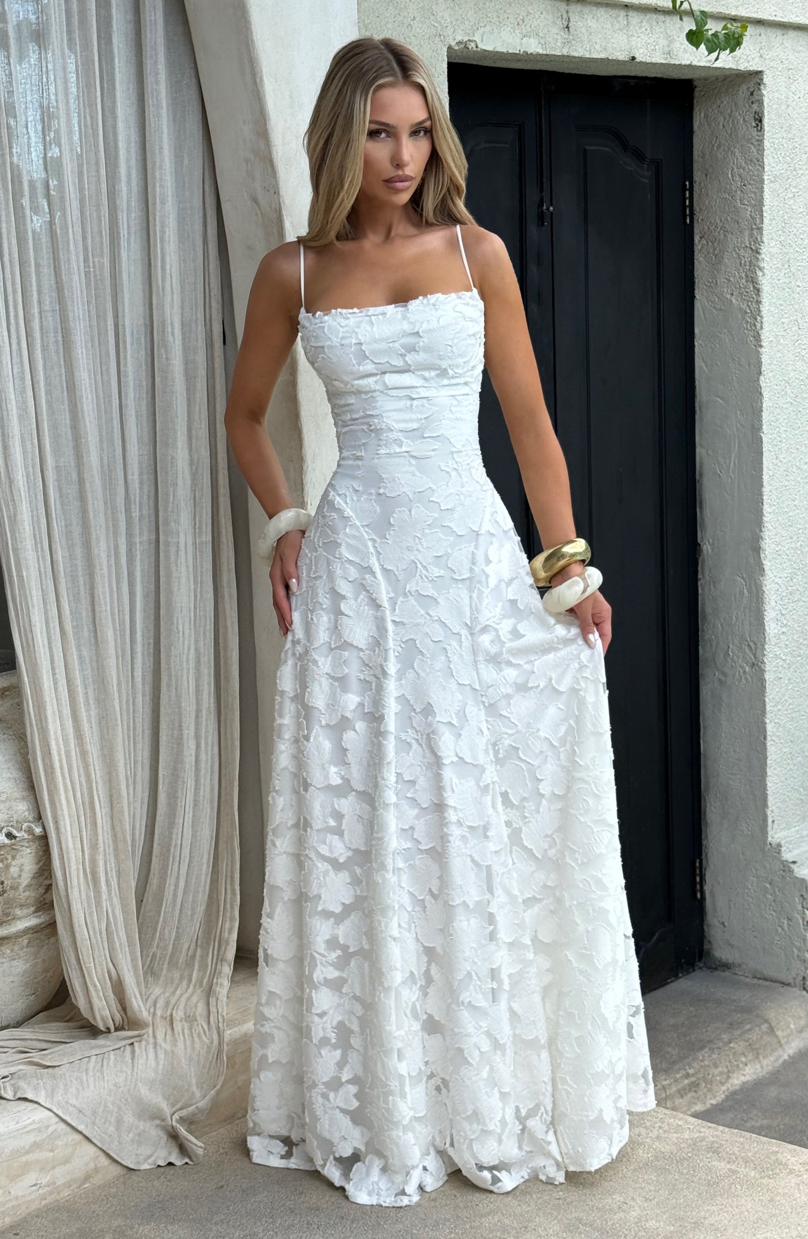 Women's floral appliqué cowl-neck maxi wedding guest dress