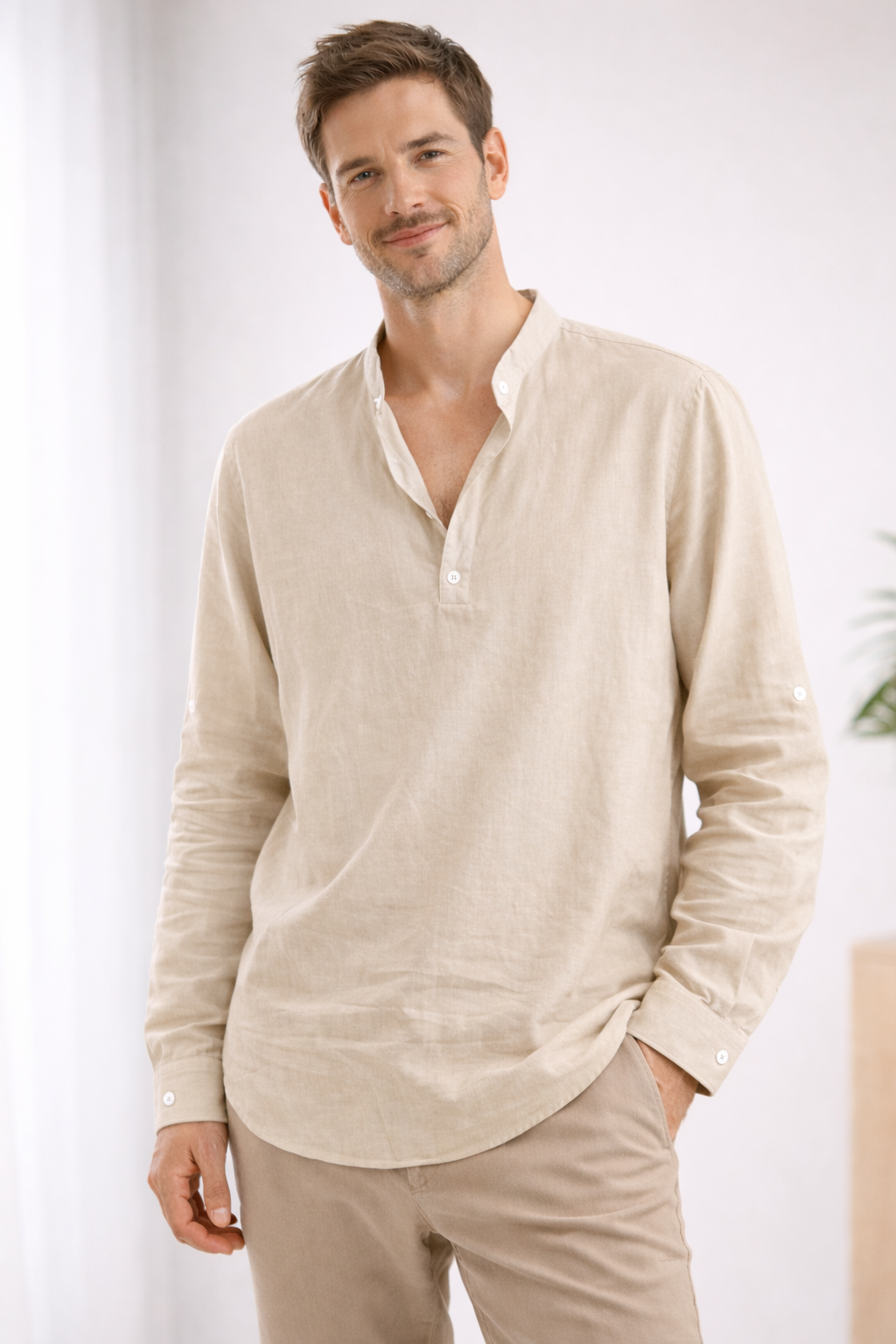 Men's long sleeve henley collar summer shirt