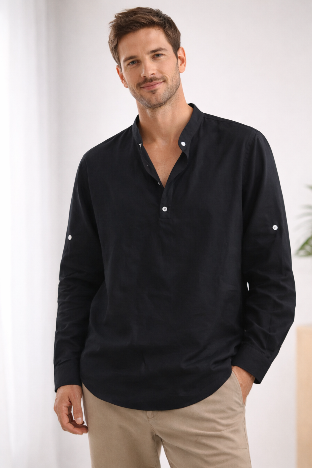 Men's long sleeve henley collar summer shirt