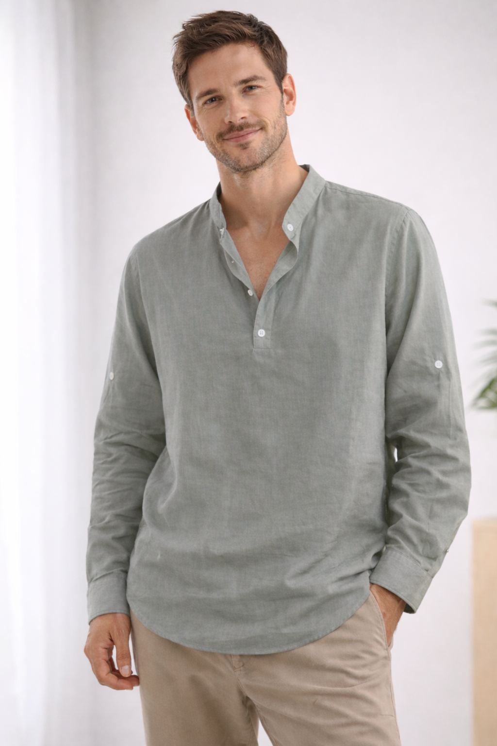 Men's long sleeve henley collar summer shirt