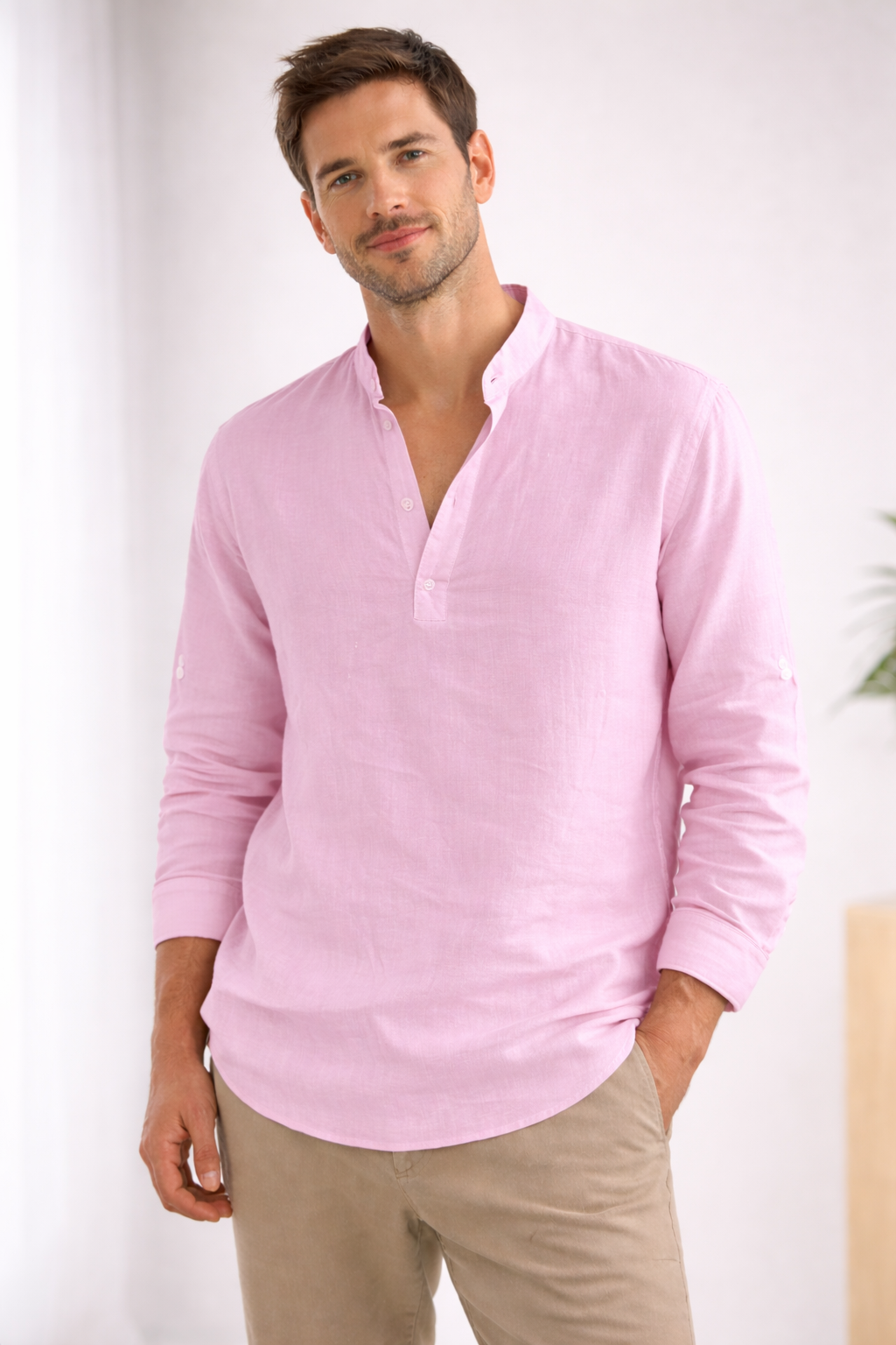 Men's long sleeve henley collar summer shirt