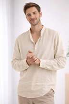 Men's long sleeve henley collar summer shirt