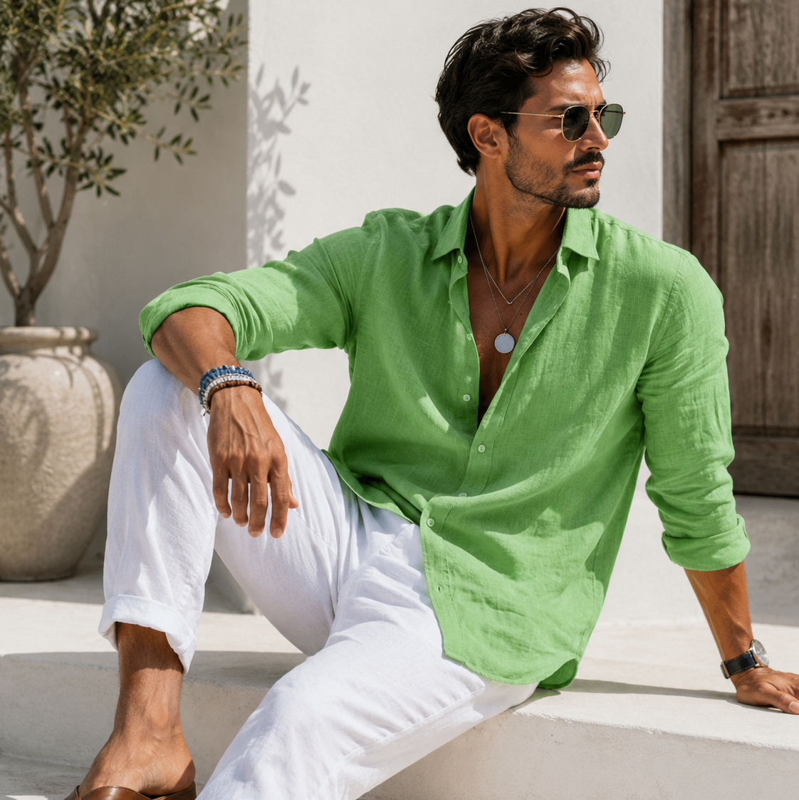Men's long-sleeve blouse with collar and button-up front