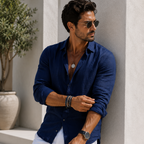 Men's long-sleeve blouse with collar and button-up front