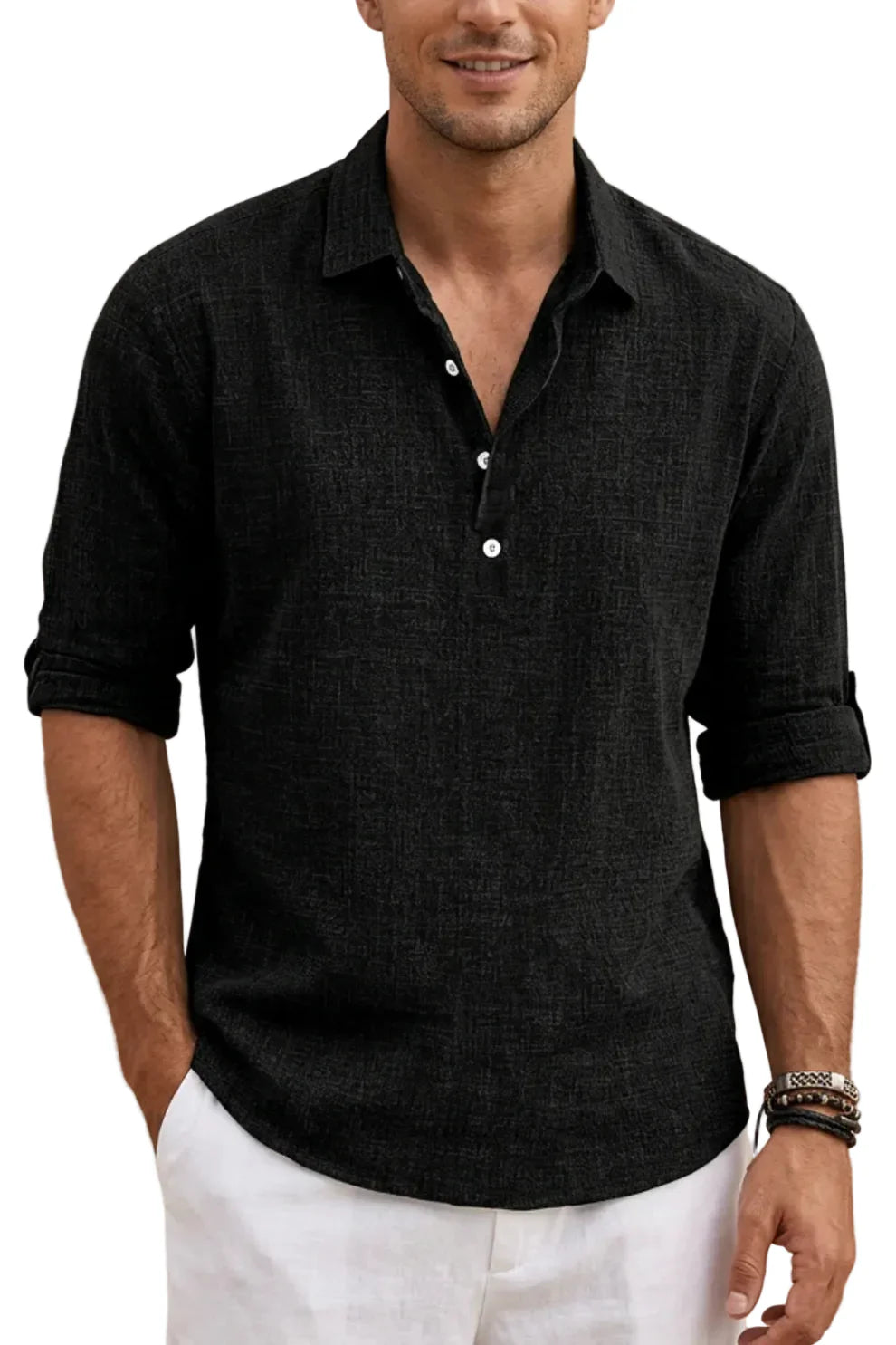 Men's long-sleeve blouse with half-button placket