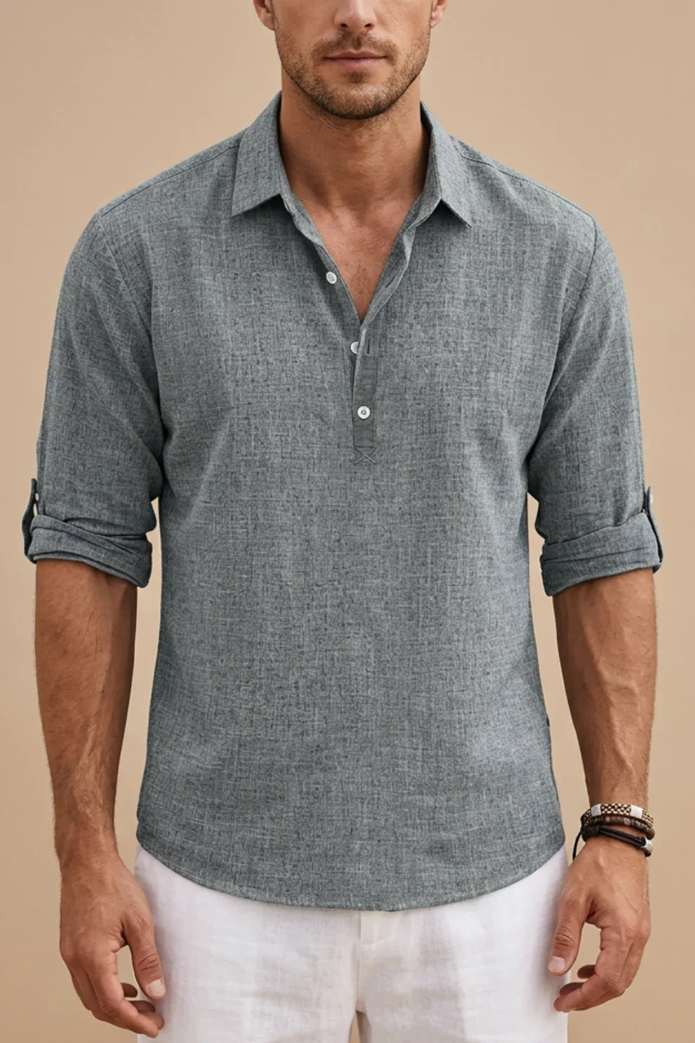 Men's long-sleeve blouse with half-button placket