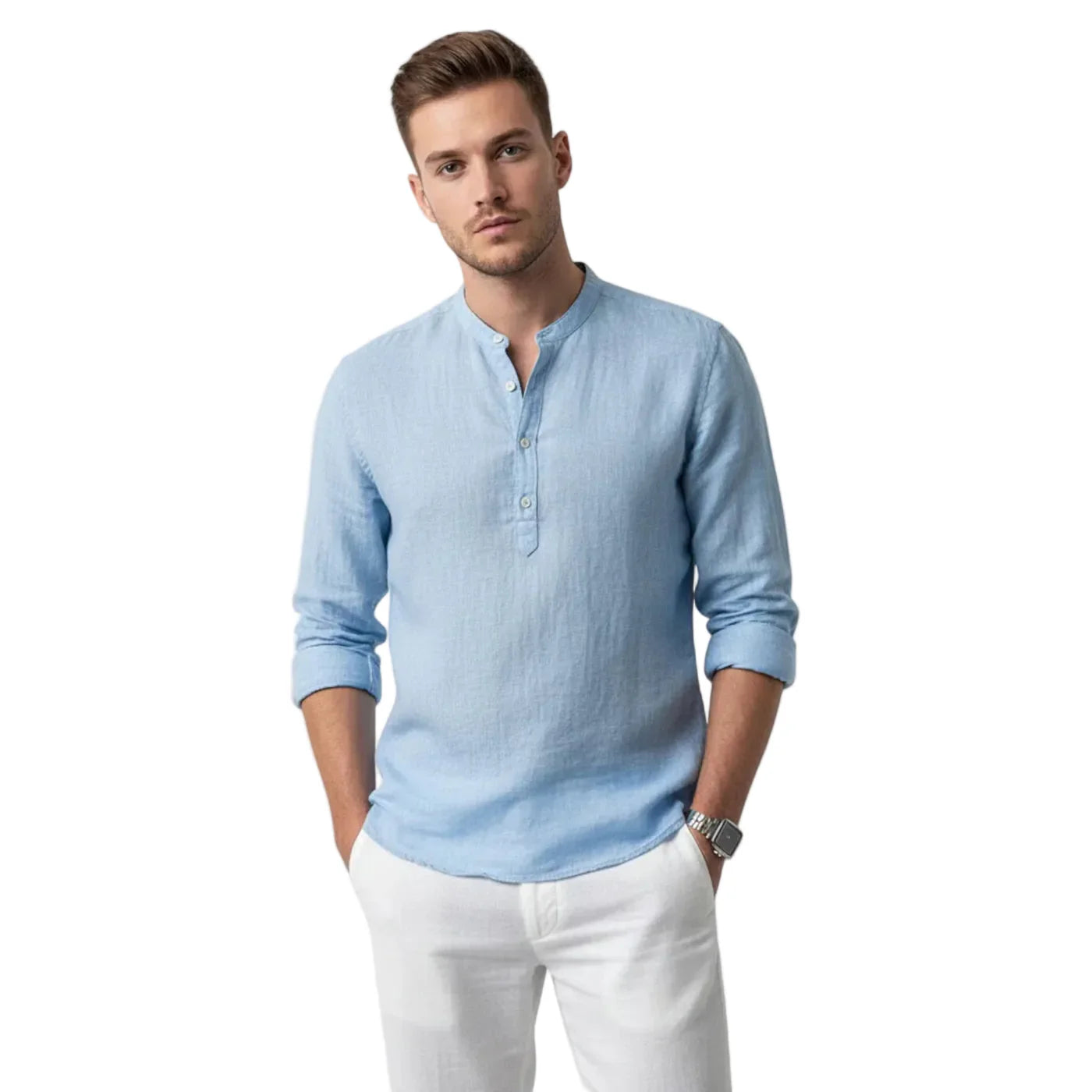 Men's long-sleeve henley with stand collar