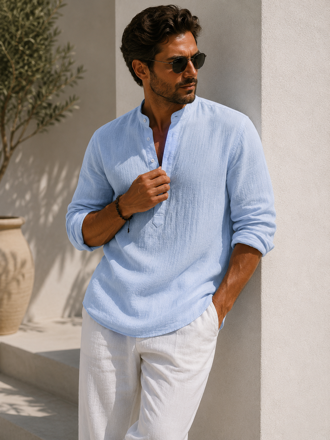 Men's long-sleeve henley with stand collar