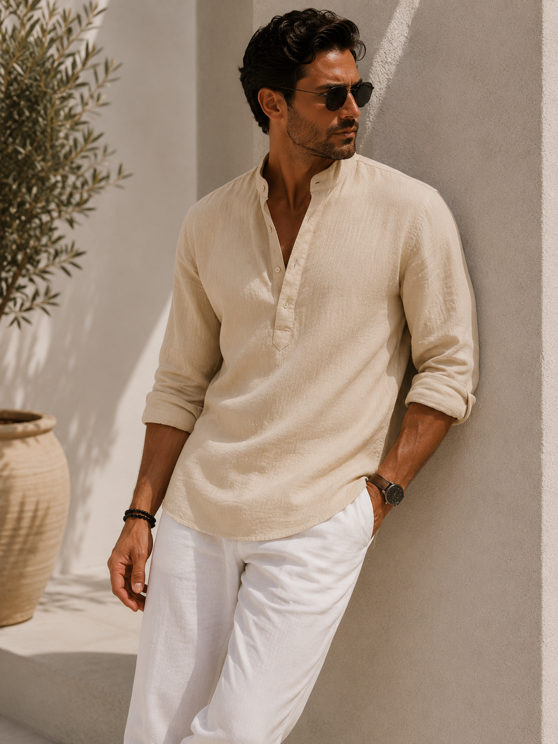 Men's long-sleeve henley with stand collar