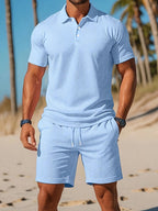 Men's short sleeve polo shirt and drawstring shorts set