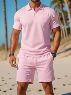 Men's short sleeve polo shirt and drawstring shorts set