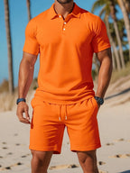 Men's short sleeve polo shirt and drawstring shorts set