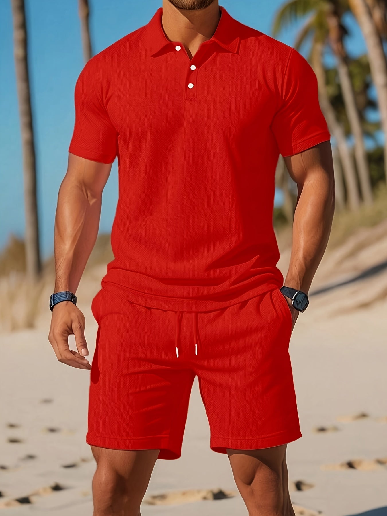 Men's short sleeve polo shirt and drawstring shorts set