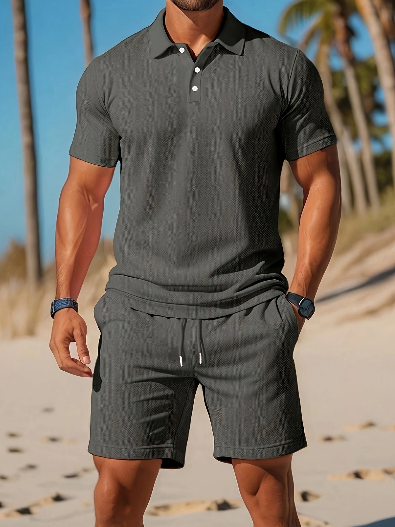 Men's short sleeve polo shirt and drawstring shorts set