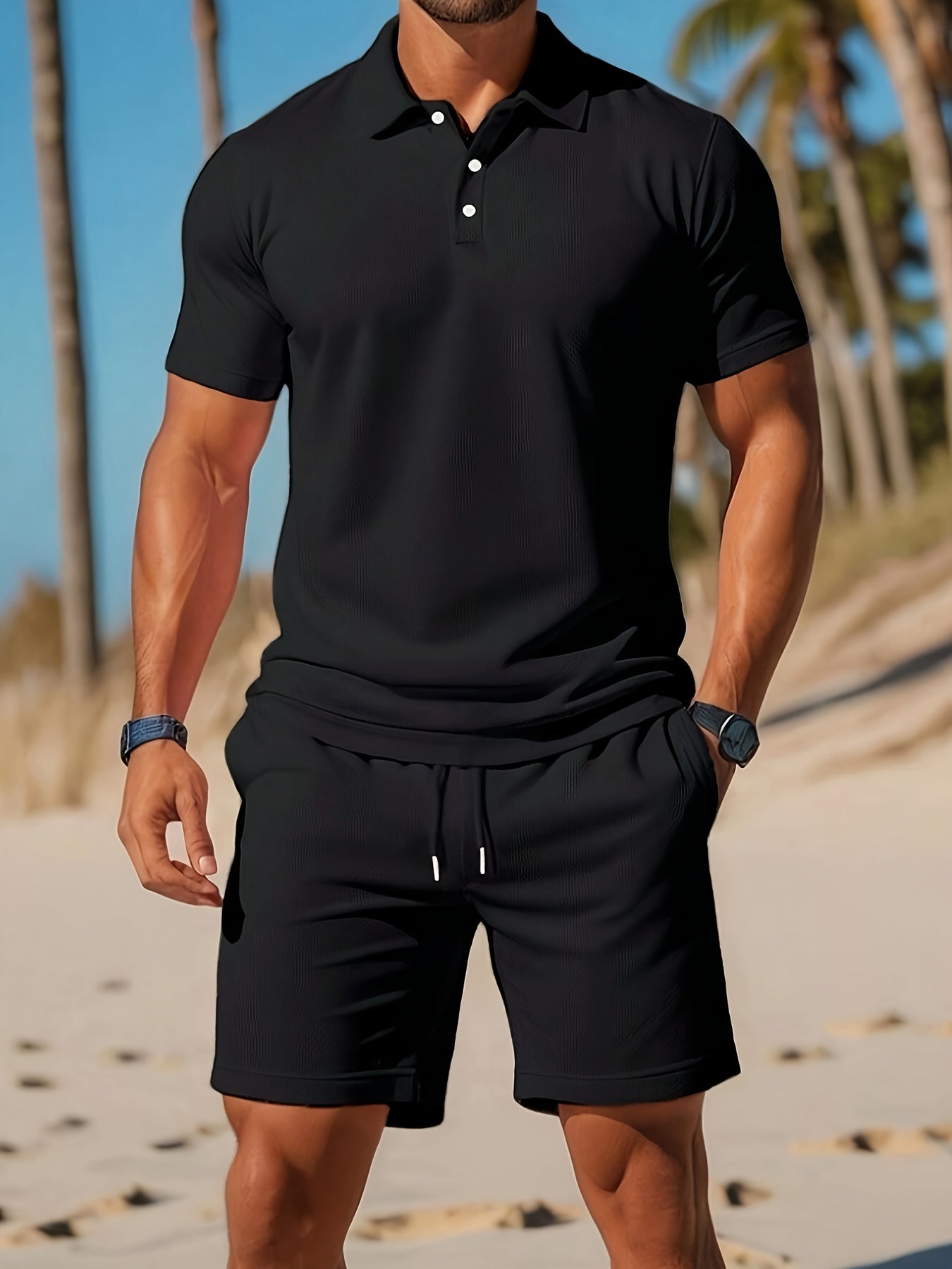 Men's short sleeve polo shirt and drawstring shorts set