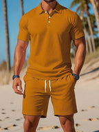 Men's short sleeve polo shirt and drawstring shorts set