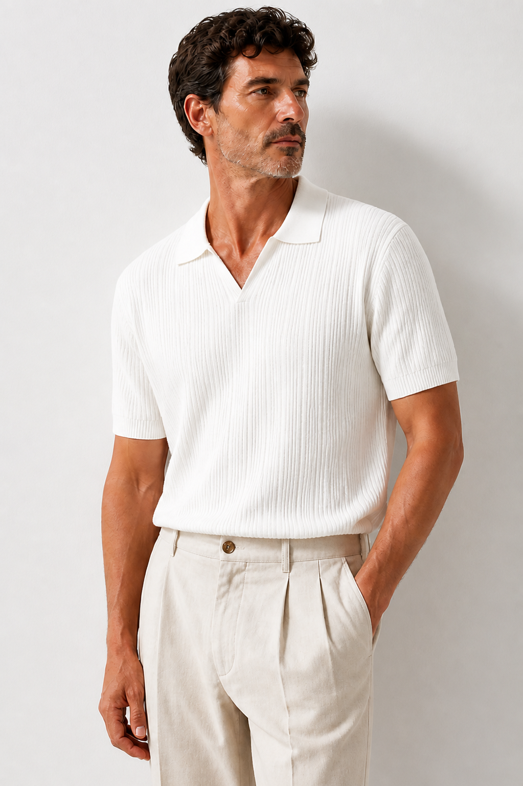 Men's short-sleeve polo shirt with ribbed fabric and open collar