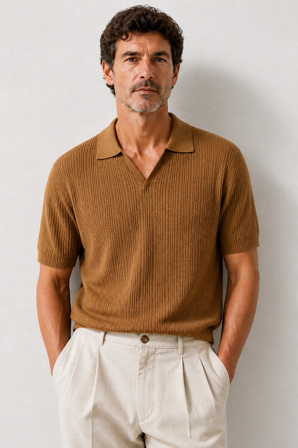 Men's short-sleeve polo shirt with ribbed fabric and open collar