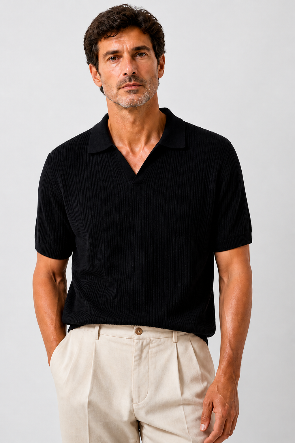 Men's short-sleeve polo shirt with ribbed fabric and open collar