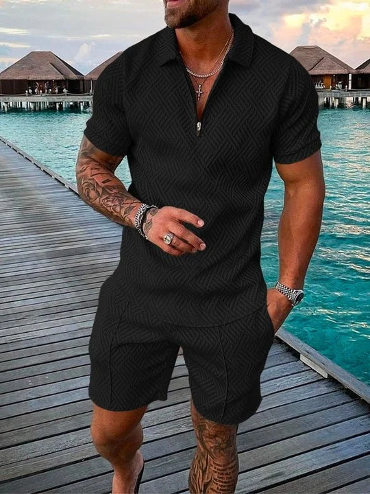Men's short sleeve zip-front polo shirt and shorts set