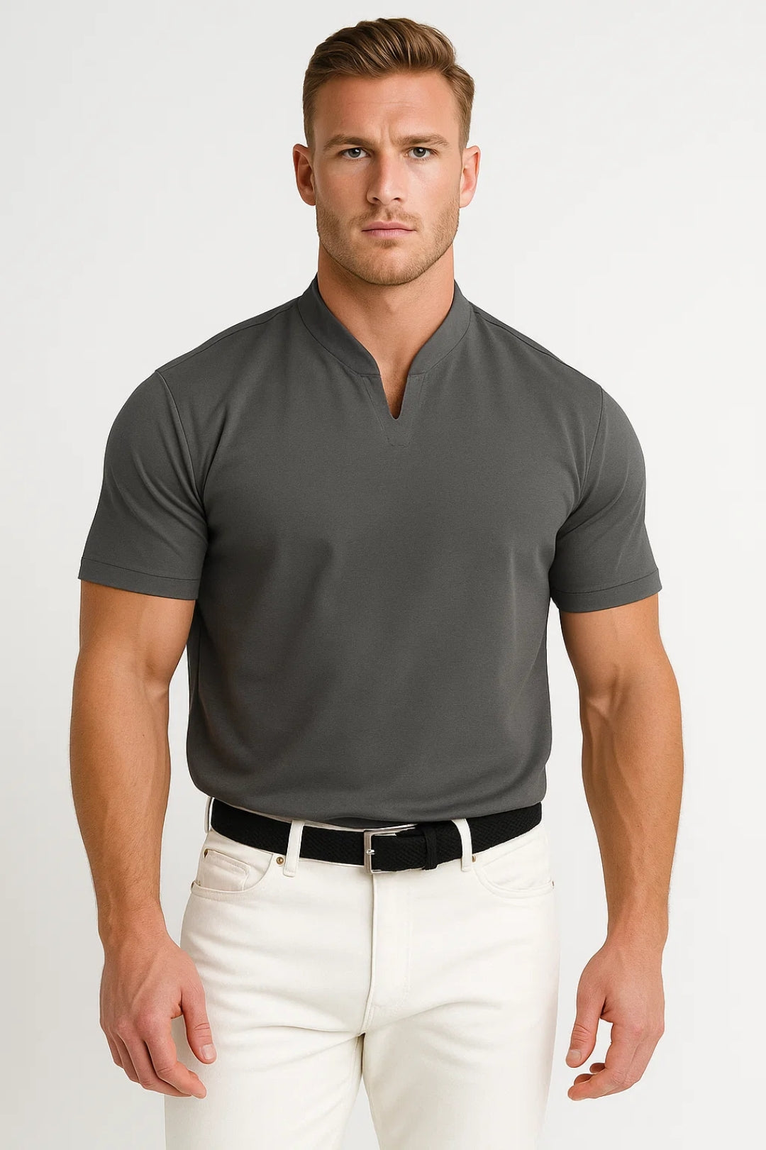 Men's slim fit short sleeve split-collar shirt