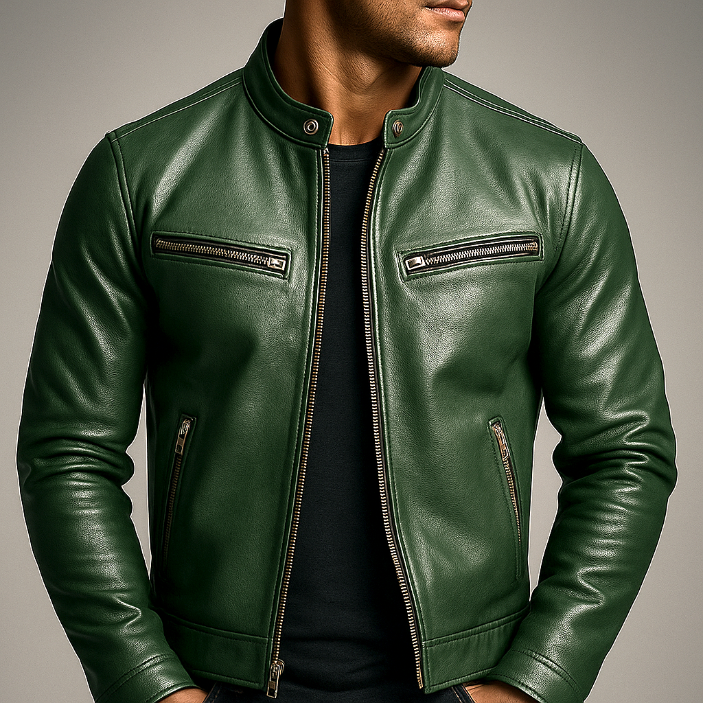 Men's zip-front band collar biker jacket