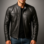 Men's zip-front band collar biker jacket