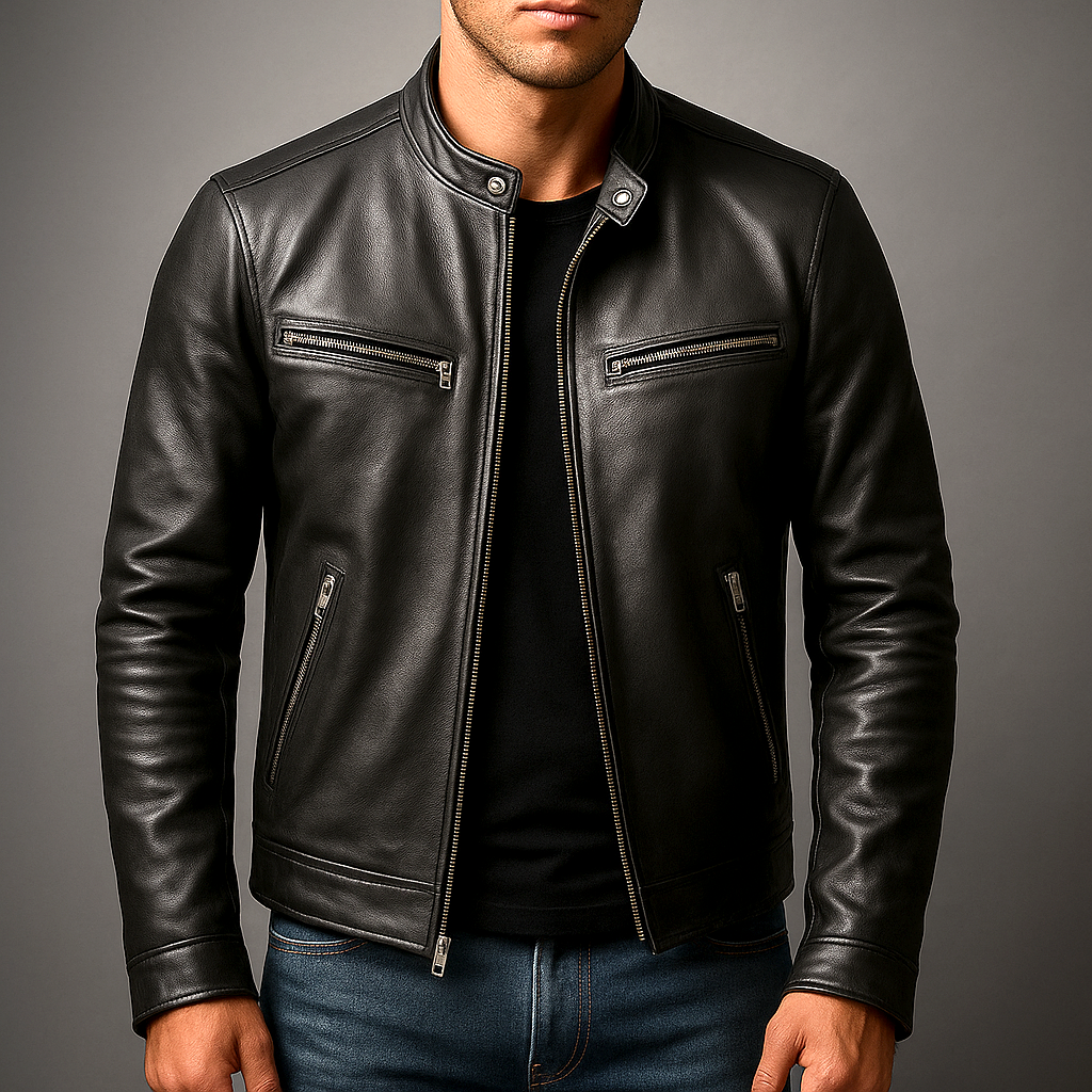 Men's zip-front band collar biker jacket