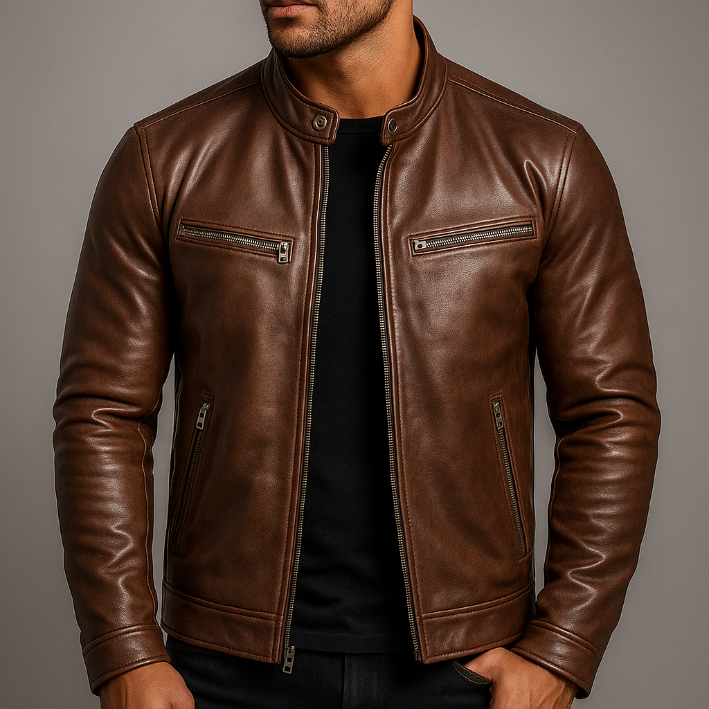 Men's zip-front band collar biker jacket
