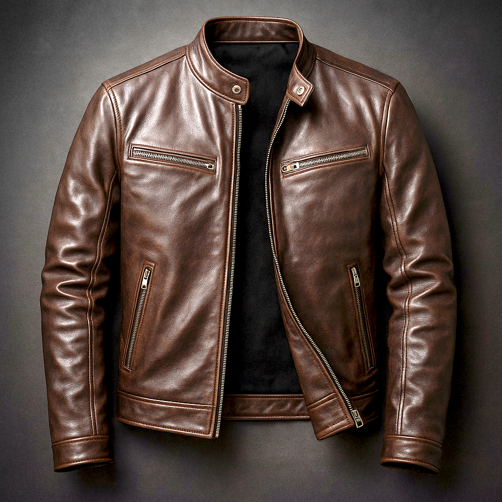 Men's zip-front band collar biker jacket