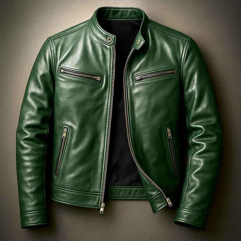 Men's zip-front band collar biker jacket