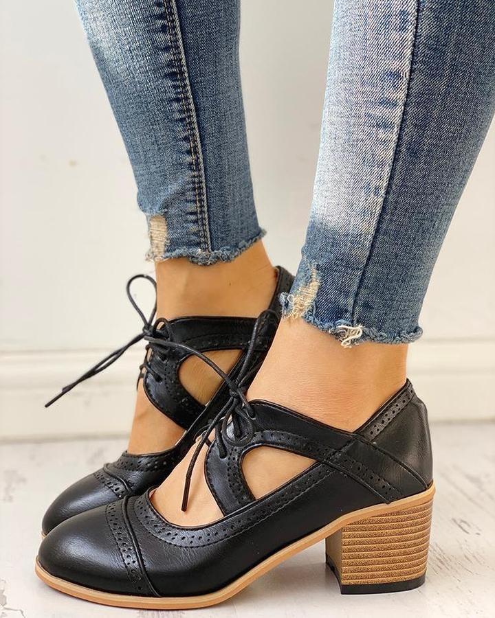 Women's Lace-Up Block Heel Oxfords | Cutout Brogue-3