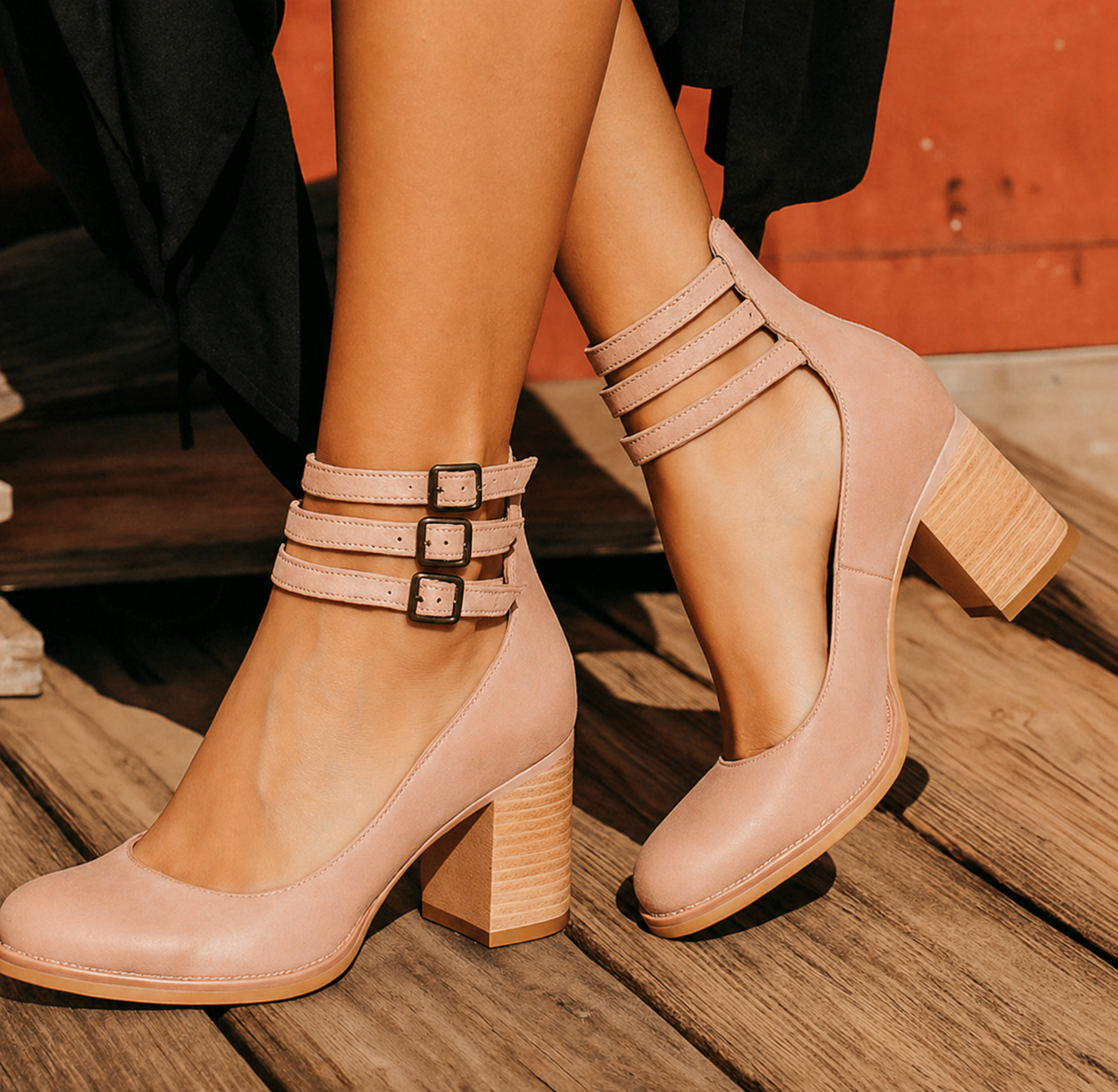 Women's block heel double buckle ankle strap pumps