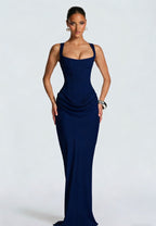 Women's corset-bodice draped maxi evening dress