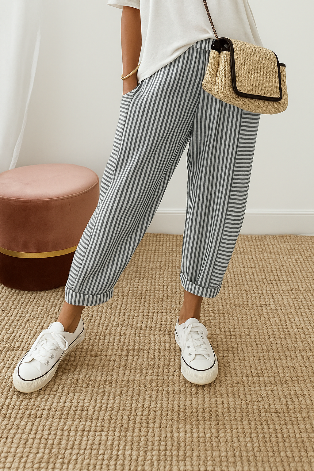 Women's cropped striped summer trousers