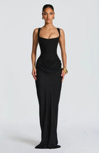 Women's fitted open-back square-neck evening dress